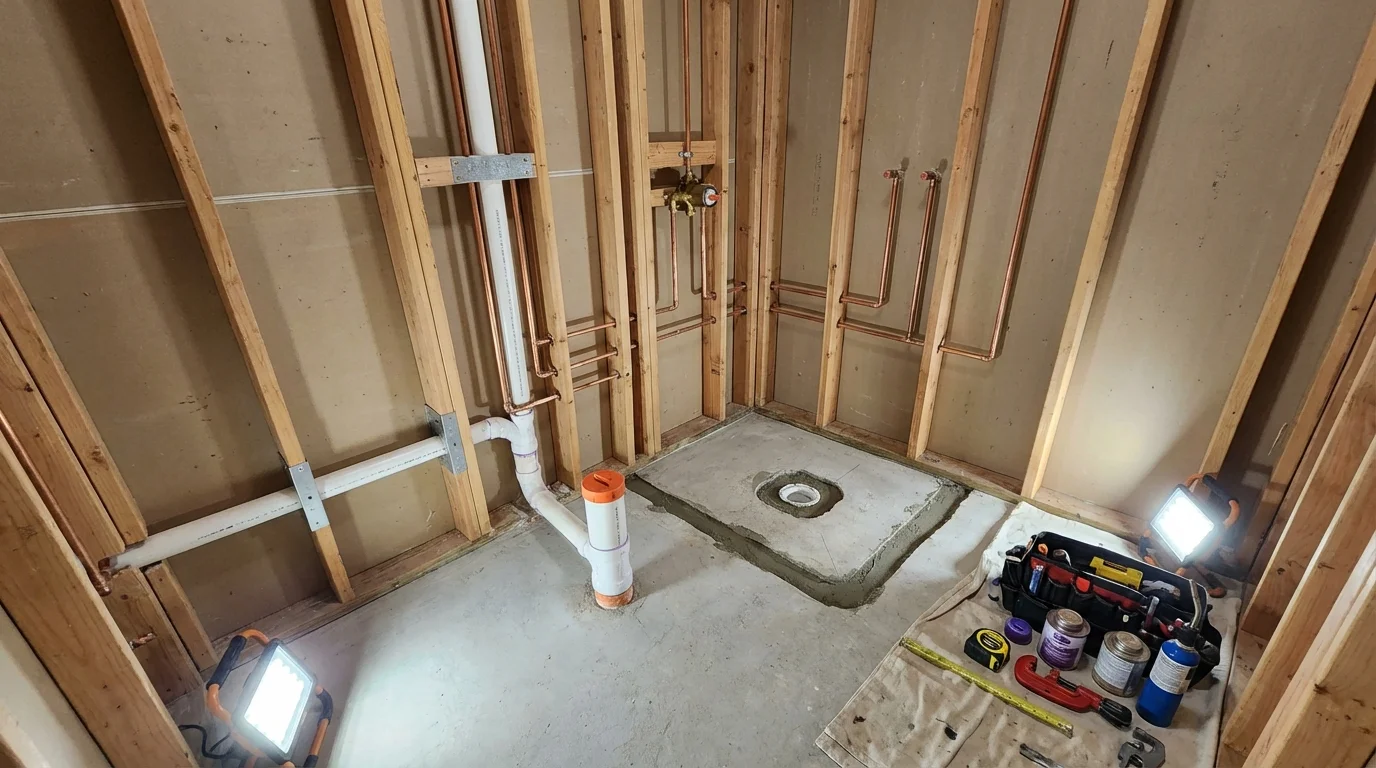 Bathroom rough-in plumbing during remodel by Johns Plumbing LLC in Milwaukee