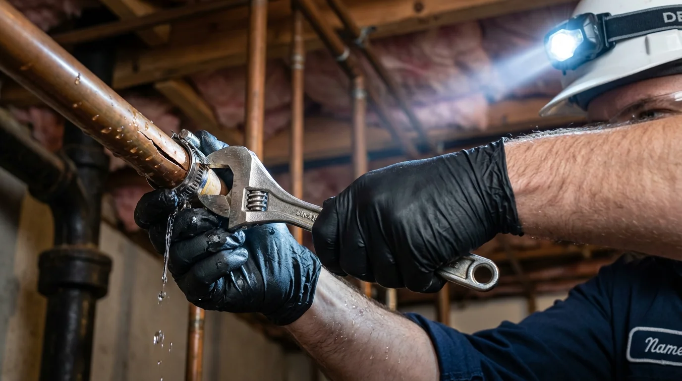 Emergency pipe clamp repair being performed by a Johns Plumbing LLC plumber in Milwaukee