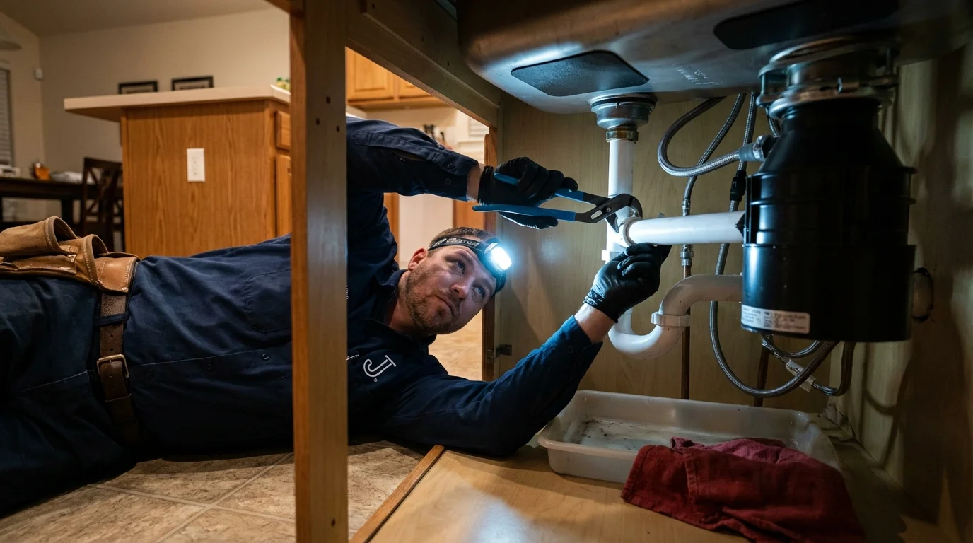 P-trap and supply line connections under a kitchen sink showing a common leak point in Milwaukee, WI